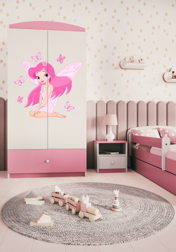 Babydreams garderobe for barn m. fe med sommerfugler, m. 2 drer, 1 skuff - hvit/rosa laminat