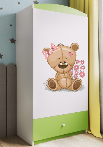 Babydreams garderobe for barn med bamse med blomster, m. 2 drer, 1 skuff - hvit/grnn laminat