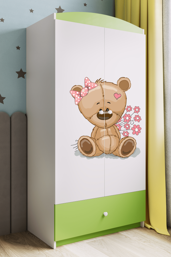Babydreams garderobe for barn med bamse med blomster, m. 2 drer, 1 skuff - hvit/grnn laminat
