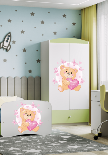 Babydreams garderobe for barn m. bamse m. sommerfugler, m. 2 drer, 1 skuff - hvit/grnn laminat