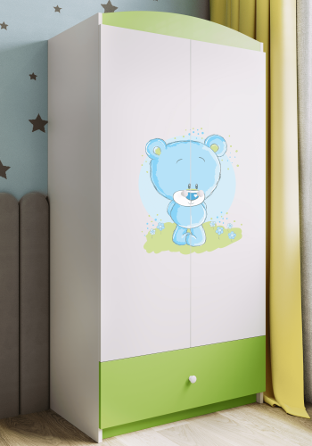 Babydreams garderobe for barn med bl bamse, m. 2 drer, 1 skuff - hvit og grnn laminat