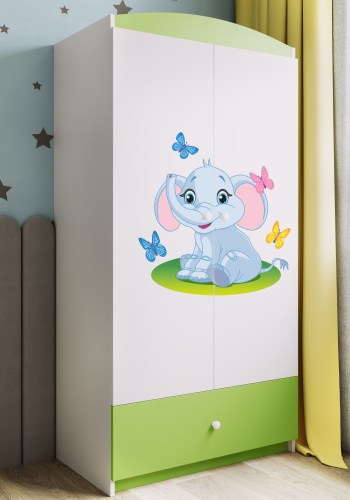 Babydreams garderobe for barn med elefant, m. 2 drer, 1 skuff - hvit og grnn laminat