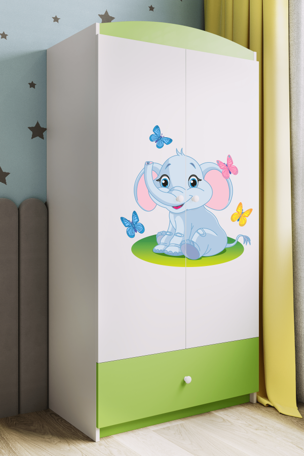 Babydreams garderobe for barn med elefant, m. 2 drer, 1 skuff - hvit og grnn laminat