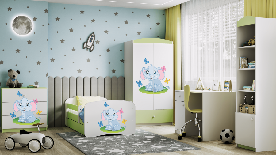 Babydreams garderobe for barn med elefant, m. 2 drer, 1 skuff - hvit og grnn laminat