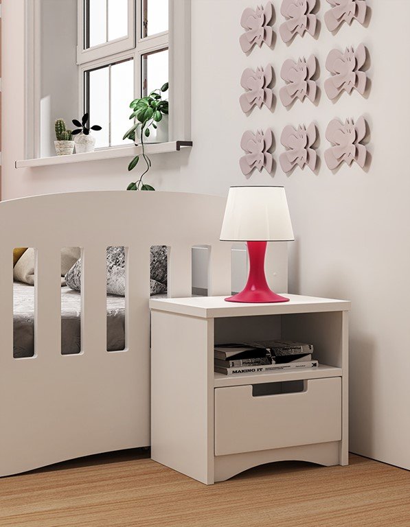 Classic sengebord til brn, m. 1 rum og 1 skuffe - hvid laminat og MDF (39,5x30,5)