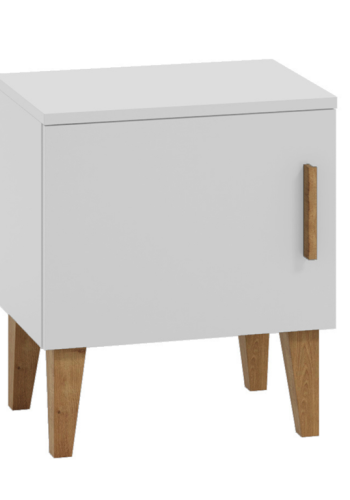 Kubi nattbord for barn, m. 1 dr og 1 hylle - hvit sponplate og eik (50x34)