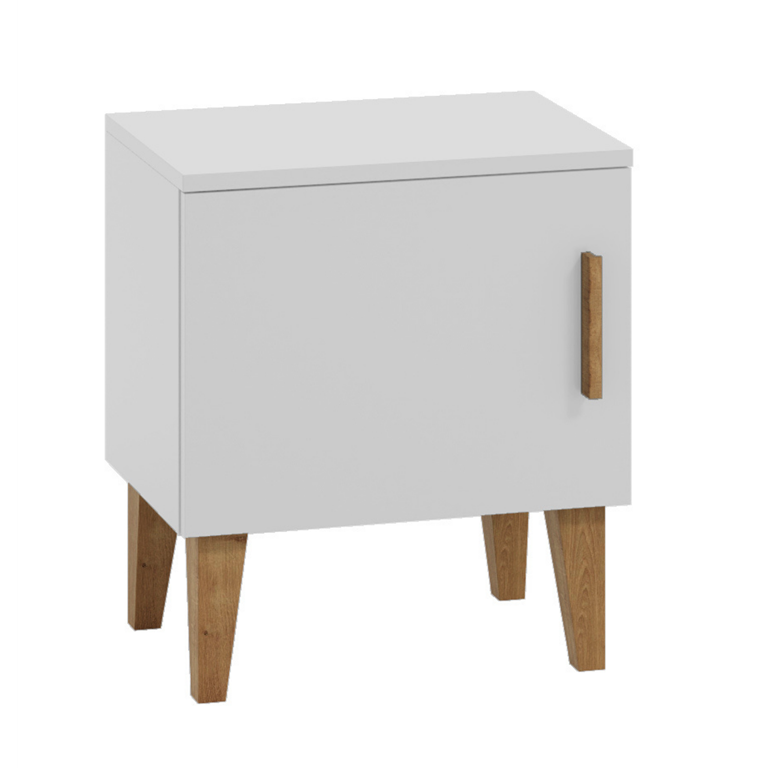 Kubi nattbord for barn, m. 1 dr og 1 hylle - hvit sponplate og eik (50x34)