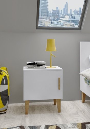 Kubi nattbord for barn, m. 1 dr og 1 hylle - hvit sponplate og eik (50x34)