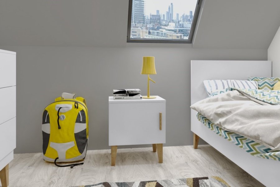 Kubi nattbord for barn, m. 1 dr og 1 hylle - hvit sponplate og eik (50x34)