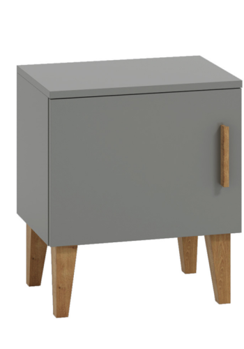 Kubi nattbord for barn, m. 1 dr og 1 hylle - gr sponplater og eik (50x34)