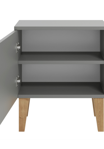 Kubi nattbord for barn, m. 1 dr og 1 hylle - gr sponplater og eik (50x34)