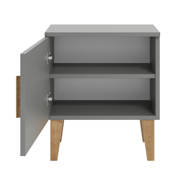 Kubi nattbord for barn, m. 1 dr og 1 hylle - gr sponplater og eik (50x34)