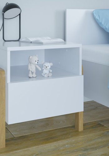 Victor nattbord for barn, m. 1 dr og 1 rom - hvit laminat og naturlig eik (46x40)