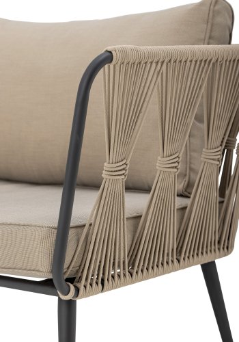 BLOOMINGVILLE Pavone Gartensofa, mit beige-braunen Kissen – hellbraunes Polyesterseil und schwarzes Metall