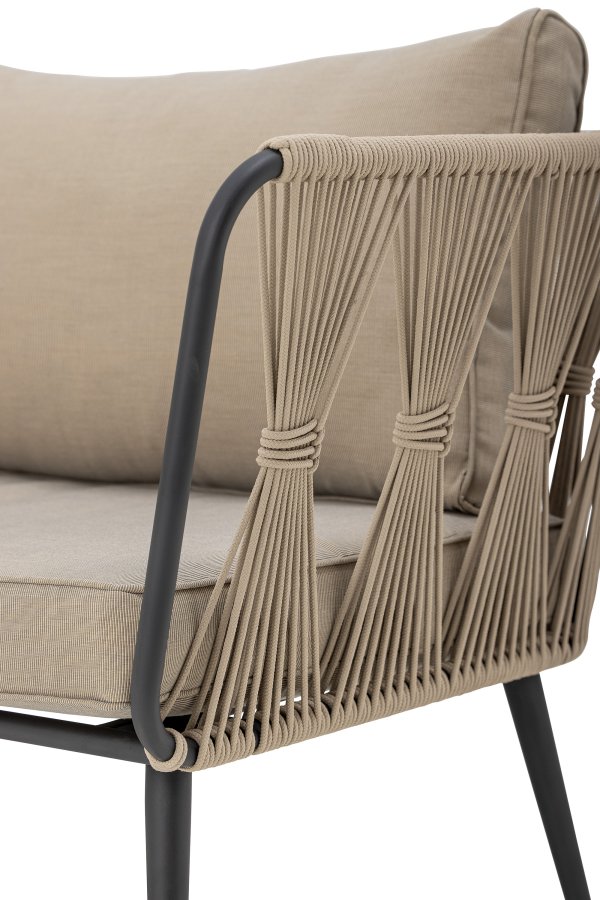 BLOOMINGVILLE Pavone Gartensofa, mit beige-braunen Kissen – hellbraunes Polyesterseil und schwarzes Metall