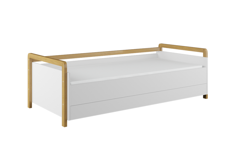 Victor sovesofa, inkl. lamellbunn og skuff, uten madrass - hvit laminat og naturlig eik (180x80)