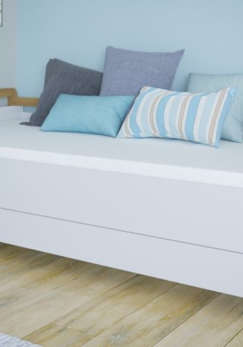 Victor sovesofa, inkl. lamellbunn og skuff, uten madrass - hvit laminat og naturlig eik (180x80)