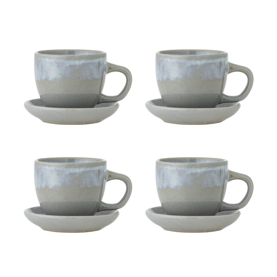 BLOOMINGVILLE Brenta Tasse mit Untertasse, Blau, Steingut (T11xH7,5 cm, 4er-Set)