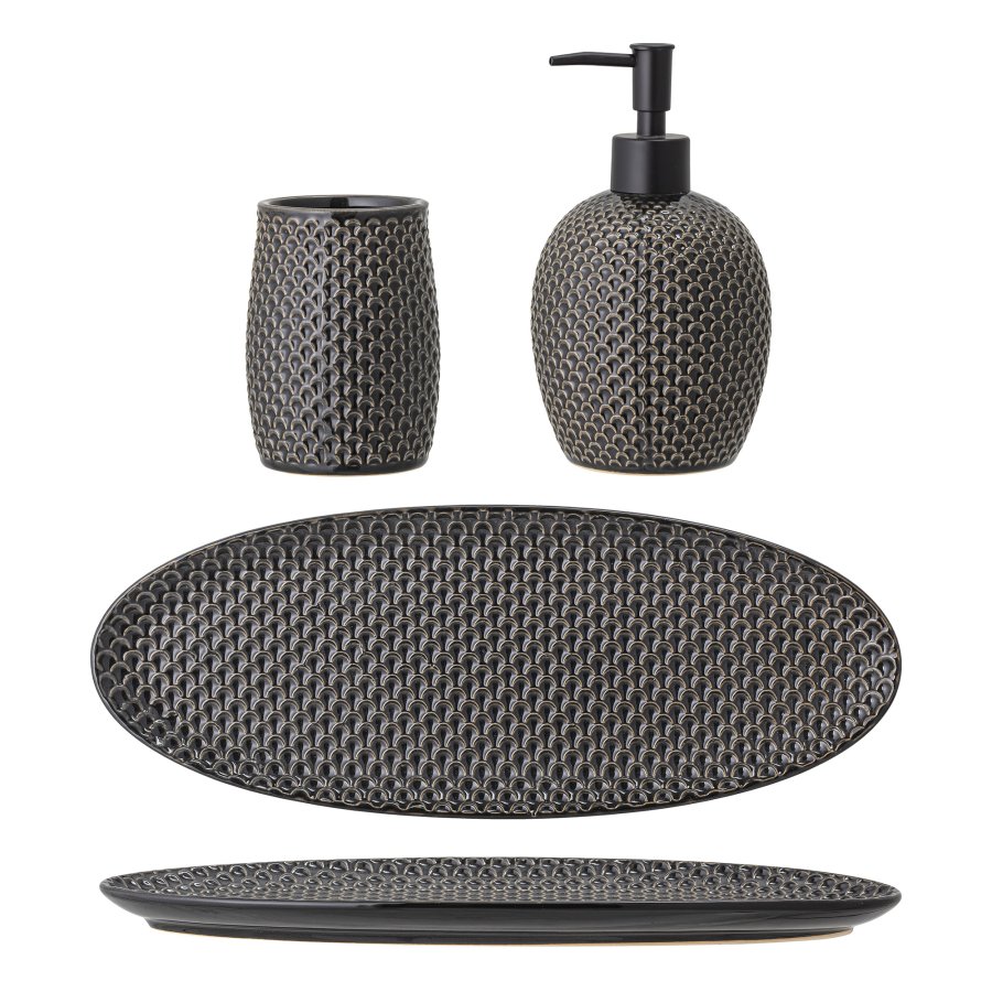 BLOOMINGVILLE Hrin Seifenspender-Set, Grau, Steingut, 3er-Set, T:L34xB13/T:T10xH17,5/C:T8xH11 cm