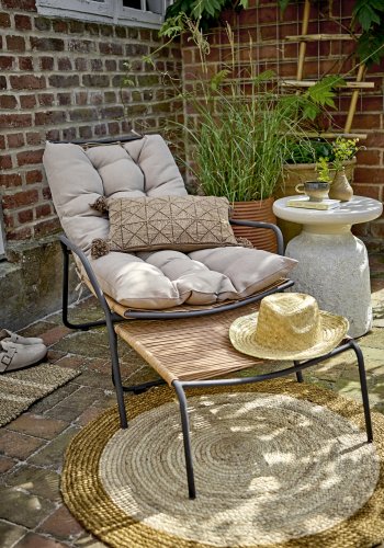 BLOOMINGVILLE Boel Liegestuhl, mit Hocker und Kissen - Naturgeflecht und schwarzes Metall