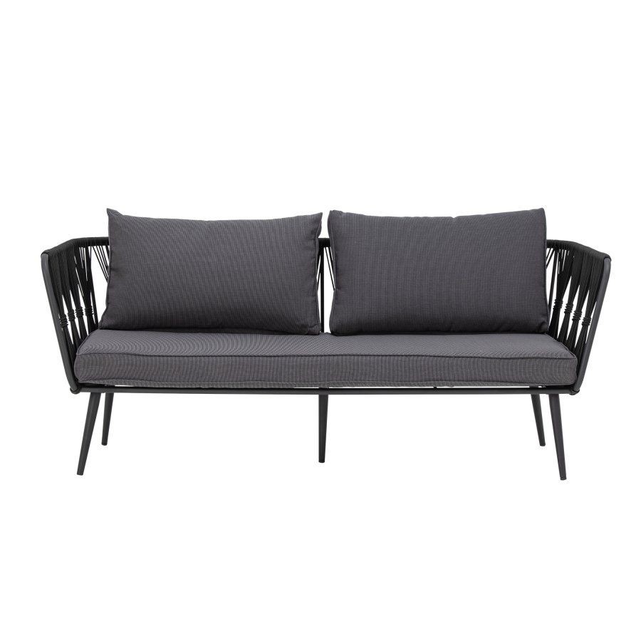 BLOOMINGVILLE Pavone Gartensofa, mit Armlehnen und dunkelgrauen Kissen – schwarzes Polyesterseil und schwarzes Metall