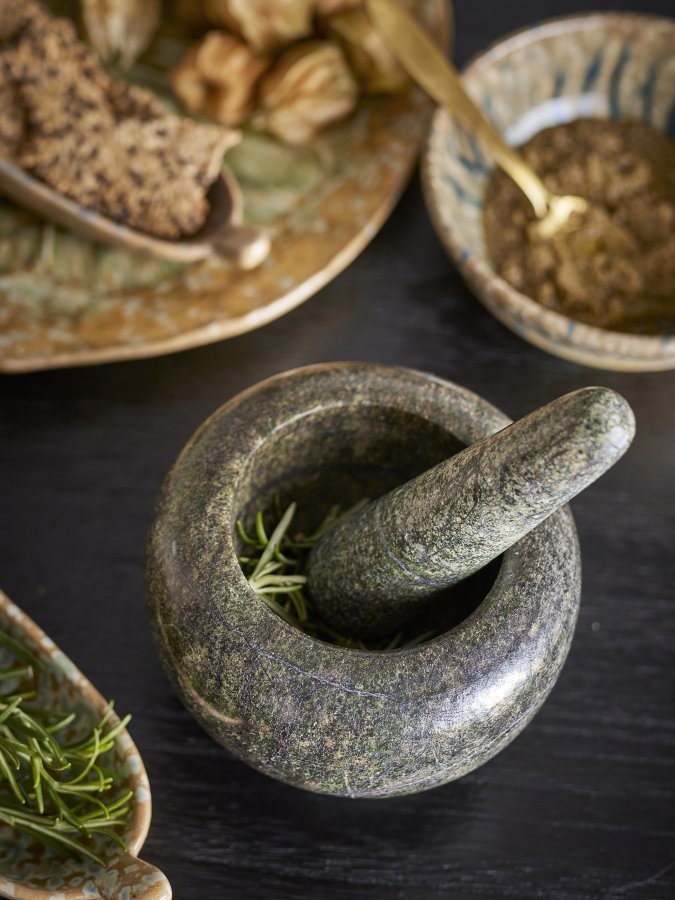 BLOOMINGVILLE Arazo Morter & Pestle, Grnn, Marmor (M: D12,5xH9 cm, P: D3xH12,5 cm)