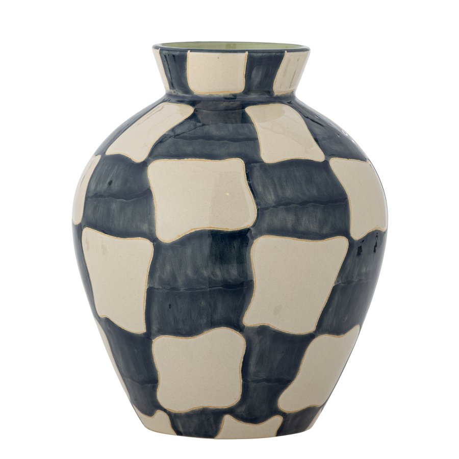 BLOOMINGVILLE Karierte Vase, Blau, Steingut (T20xH24 cm)