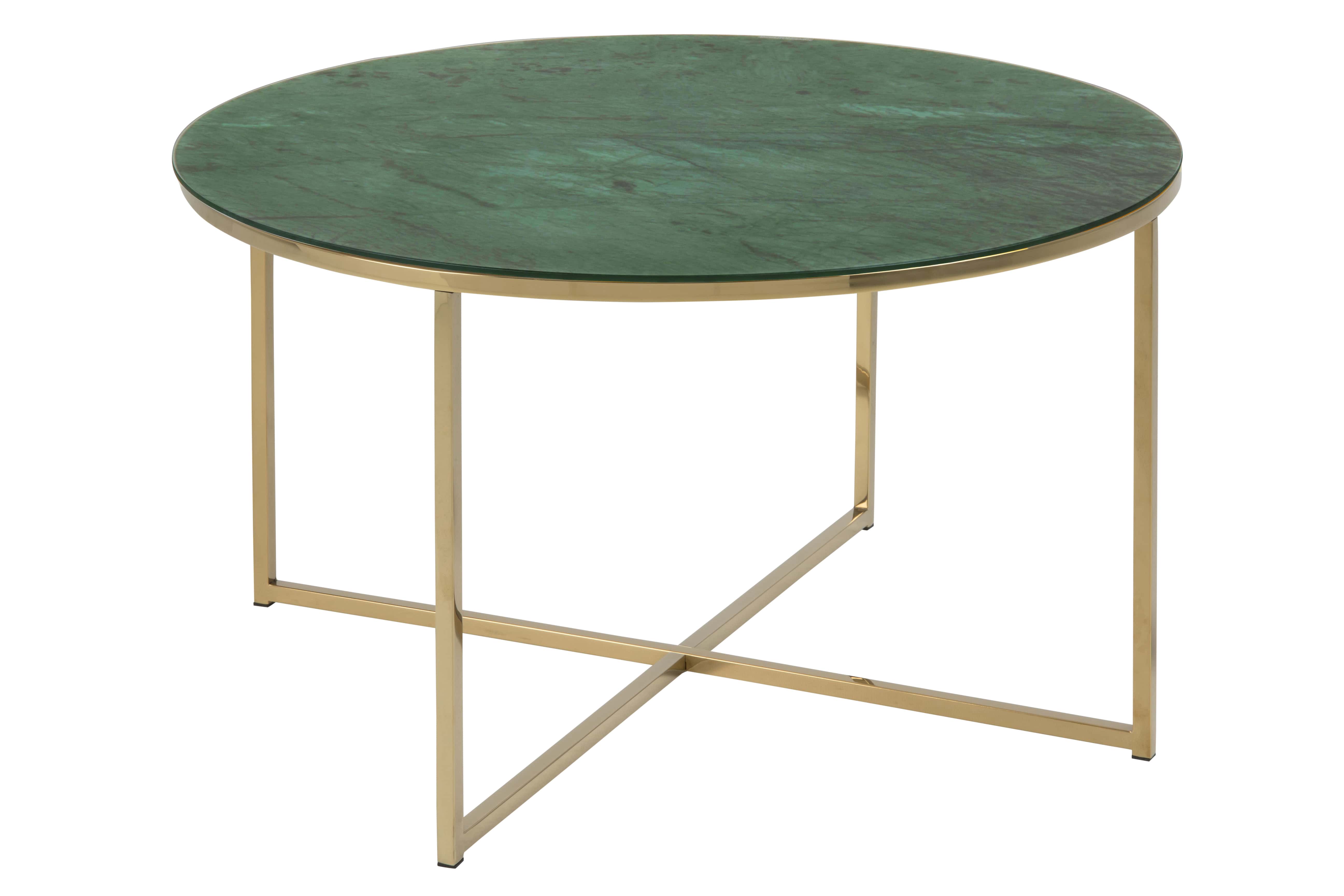 ACT NORDIC rund Alisma sofabord - glas m. grøn marmor print og guld metal (Ø:80)