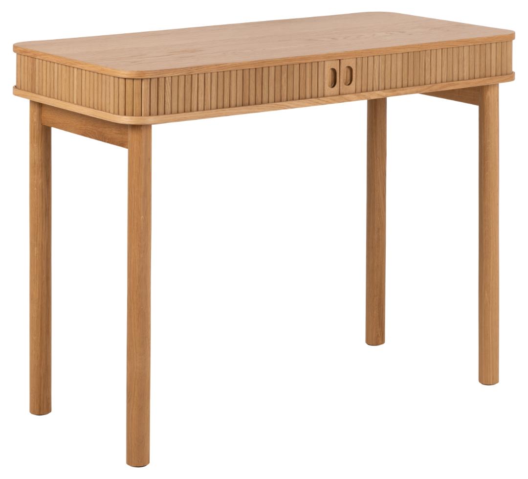 Langley rektangulært skrivebord, top eg PU-lakeret finer, 2 låger eg NC-lakeret finer, bund NC-lakeret eg, med lamelfront, skydedør og jalousidør, 100x50x75 cm