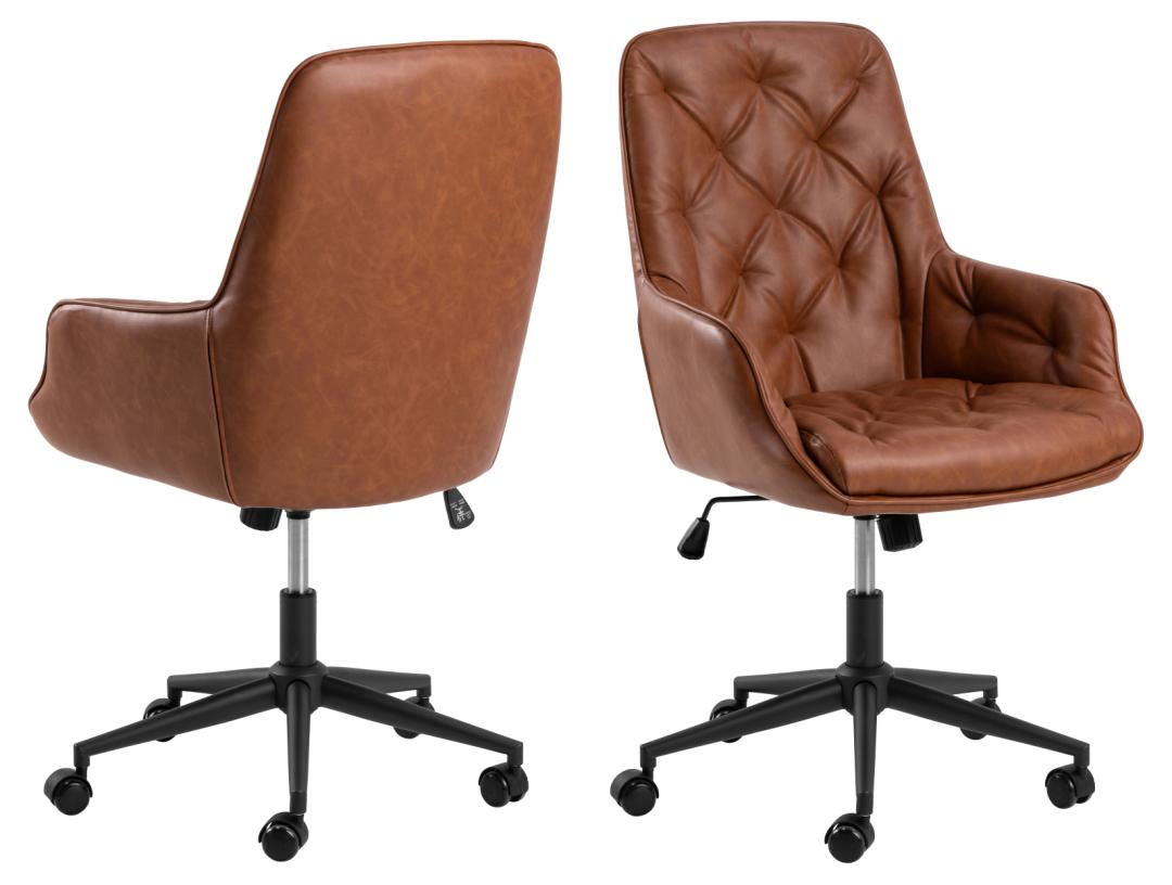 ACT NORDIC Erik skrivbordsstol, w. armstöd, hjul, vridfunktion – retro cognac PU och svart stål