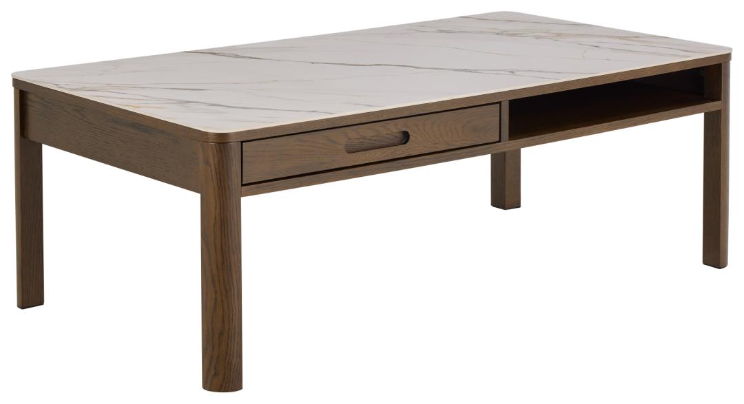 ACT NORDIC Southampton rektangulær sofabord, Top creme poleret keramik, Skuffe og Stel røg NC lak egefiner med organisk kant, skjult opbevaring og åbent rum, 130x70x45 cm