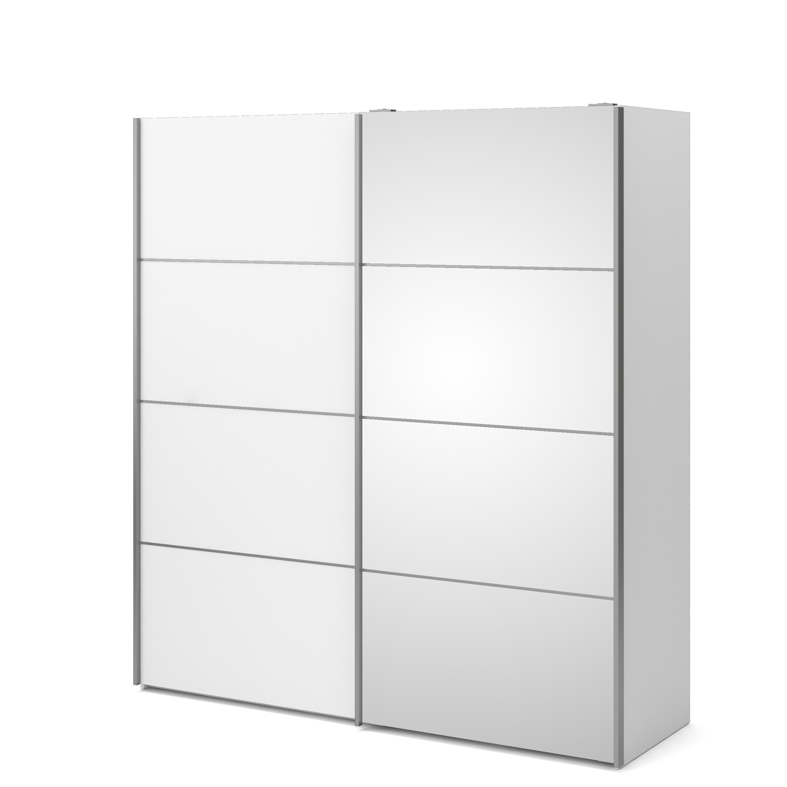 tvilum verona skjutdörrsgarderob - spegelglas och vitt laminat, 2 skjutdörrar med hyllor och 3 lådor