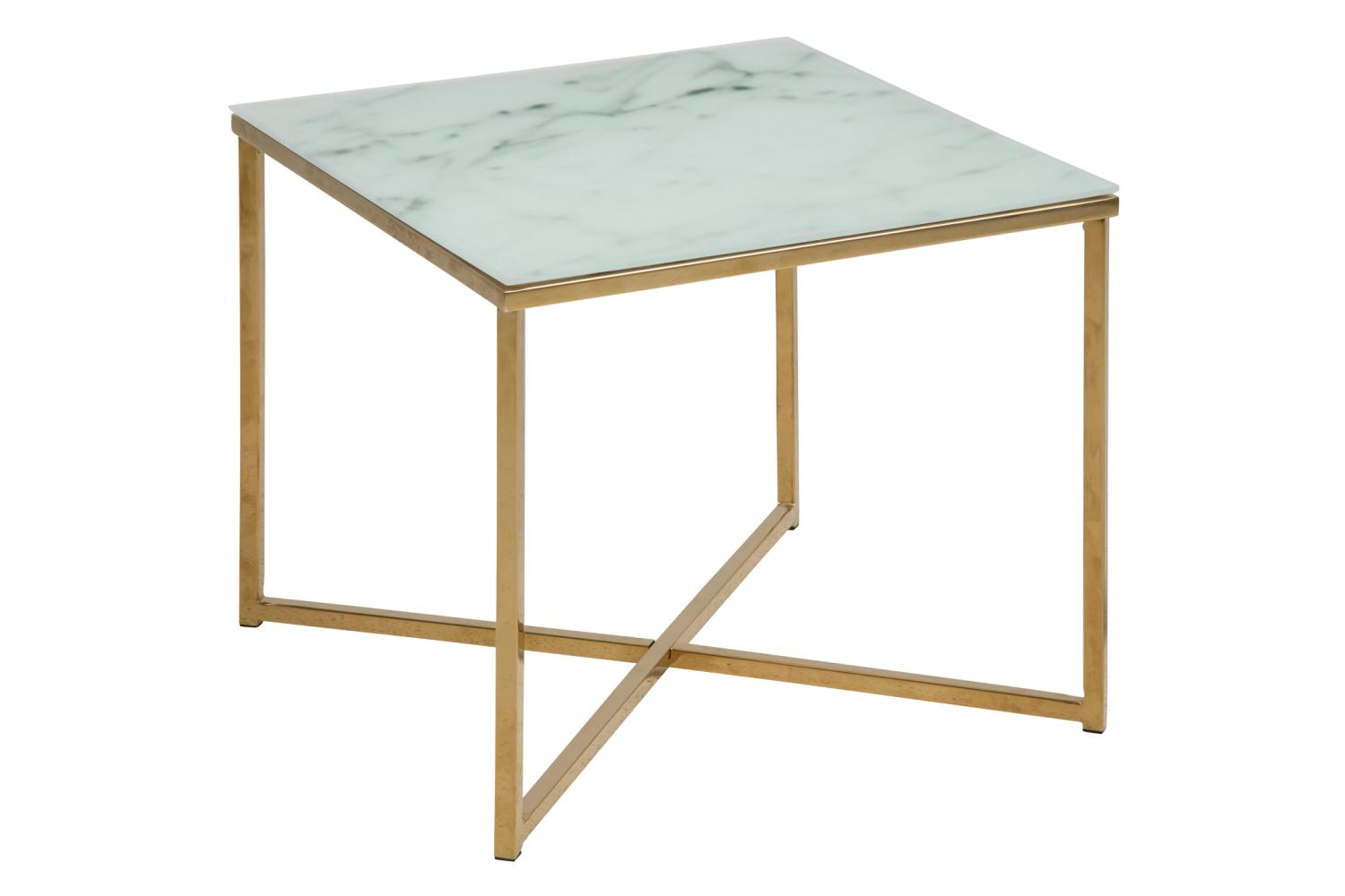 ACT NORDIC Alisma hjørnebord, kvadratisk - hvid marmor frostet glas og gylden krom metal (50x50)