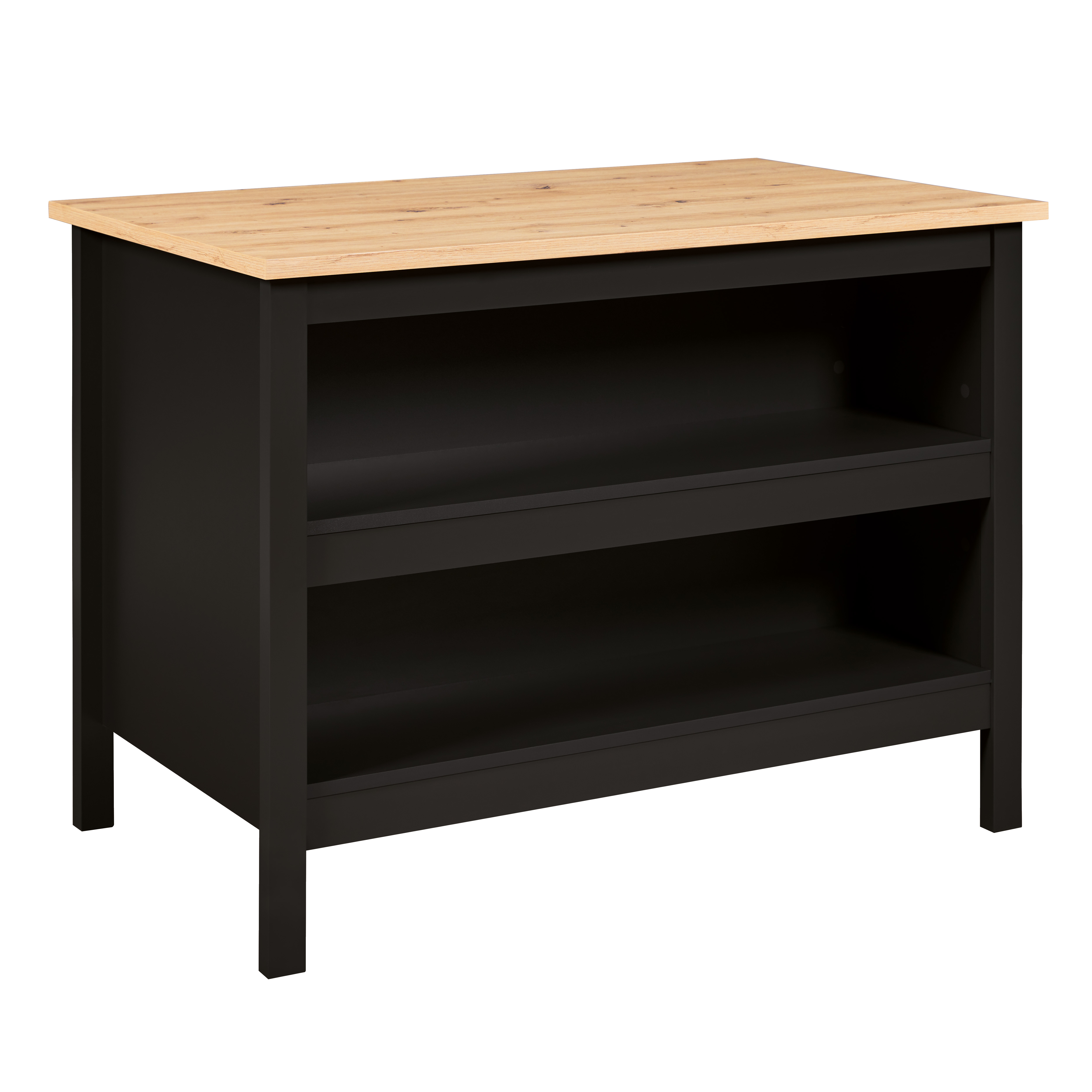 NORDIC LIVING COLLECTION Julina k&ouml;ks&ouml; i svart/Artisan ek, med tv&aring; fack p&aring; ena sidan och plats f&ouml;r barstolar eller stolar p&aring; den andra.