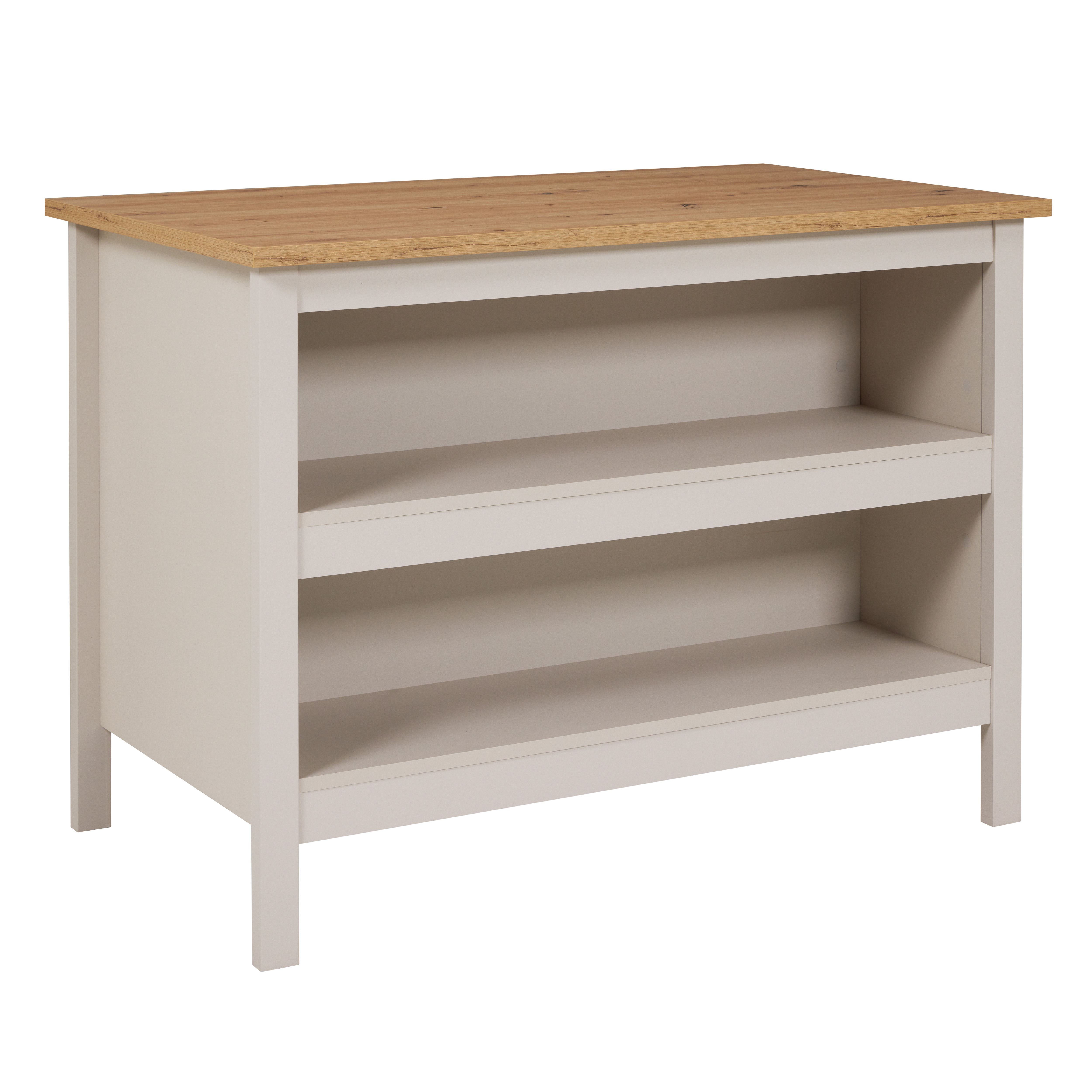 NORDIC LIVING COLLECTION K&ouml;ks&ouml; Emmilia Cashmere/Artisan Oak, med 2 fack p&aring; ena sidan och plats f&ouml;r barstolar eller stolar p&aring; den andra.
