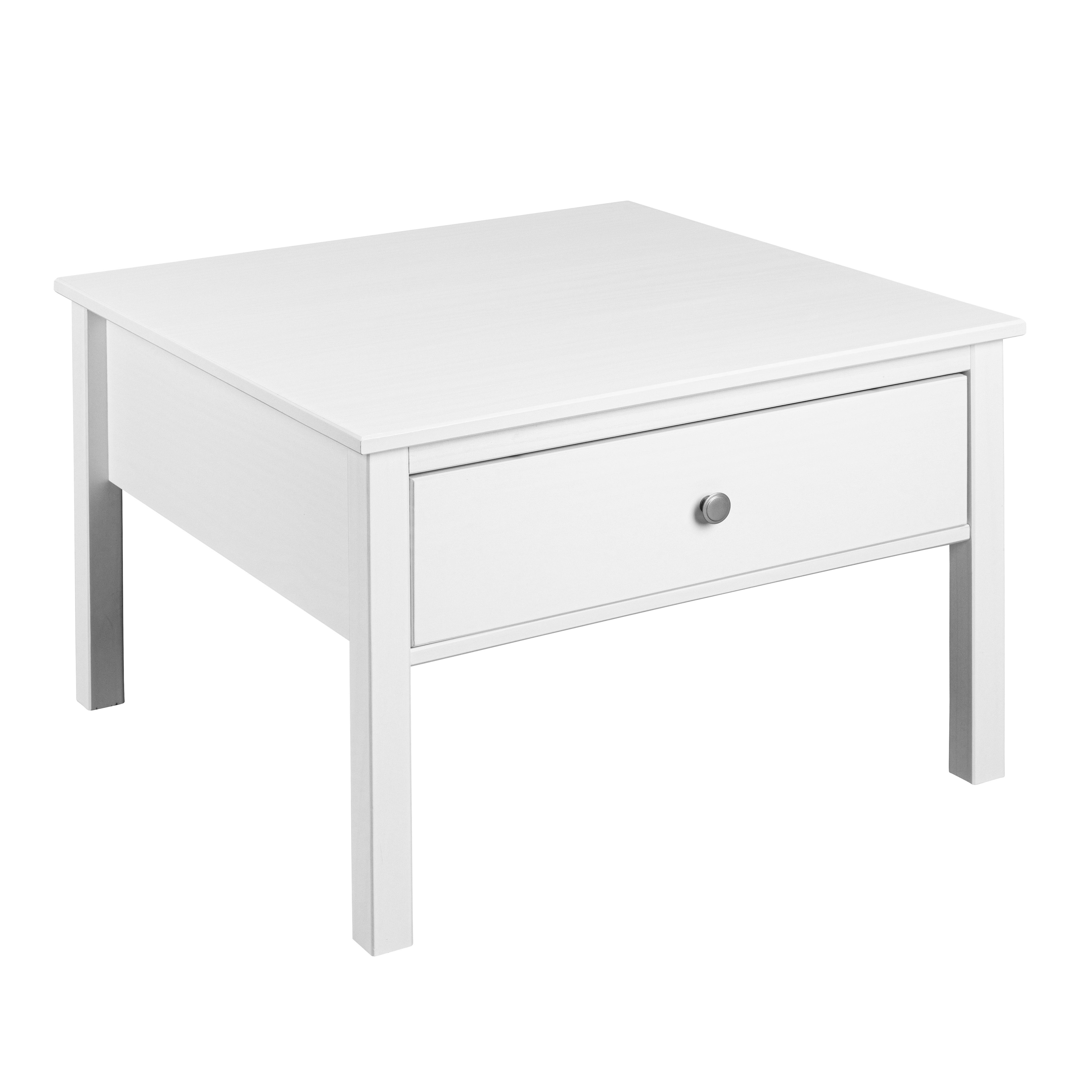 NORDIC LIVING COLLECTION Sofabord i massivt fyrretræ med 1 skuffe, hvidlakeret. Samlede mål 70 x 70 x 57 cm.