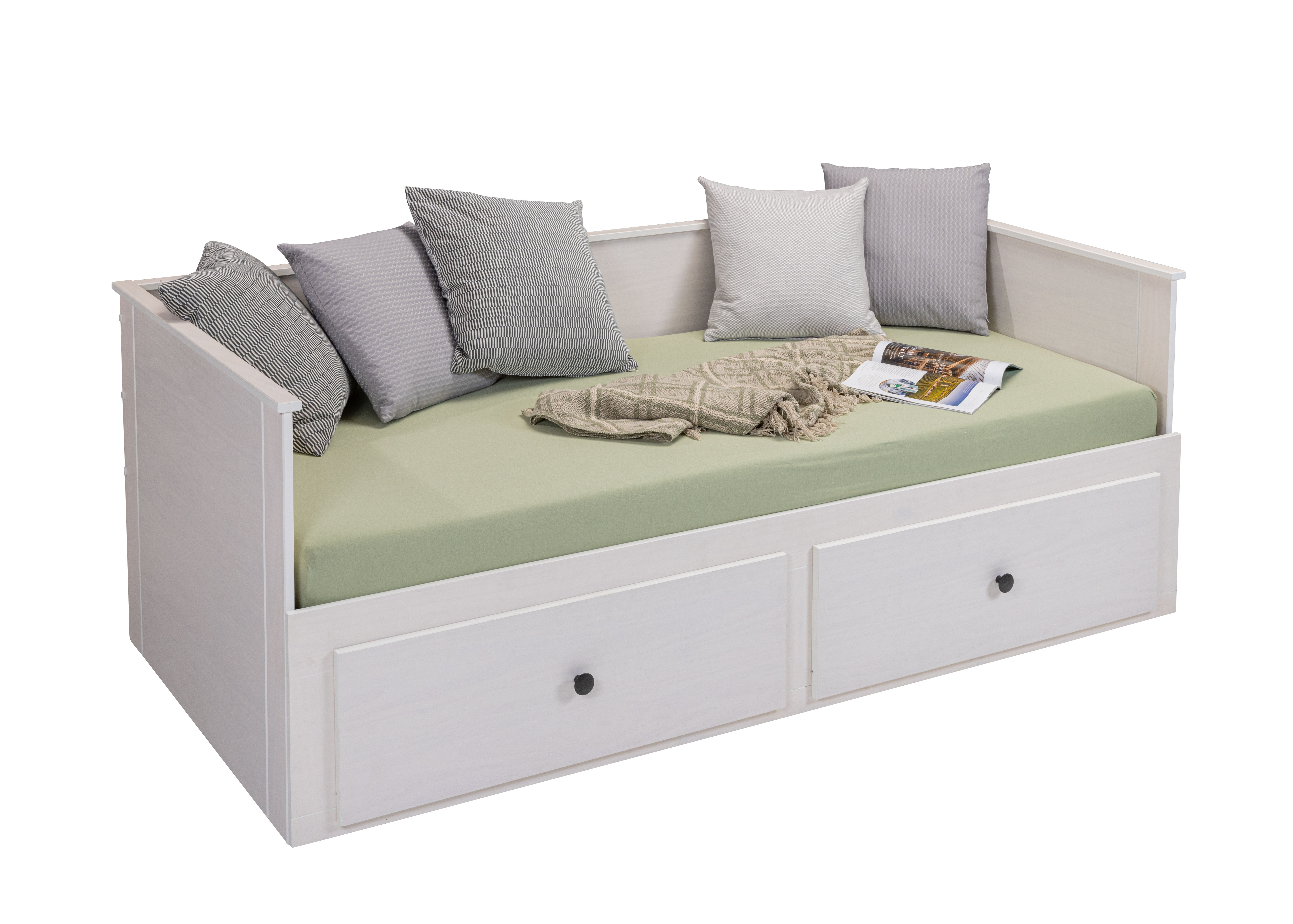 NORDIC LIVING COLLECTION Palino udtræksseng 90x200 cm hvid inkl. lamelbund med 2-i-1 udtrækkelig liggeflade, lavet af bæredygtigt massivt træ og med 2 skuffer