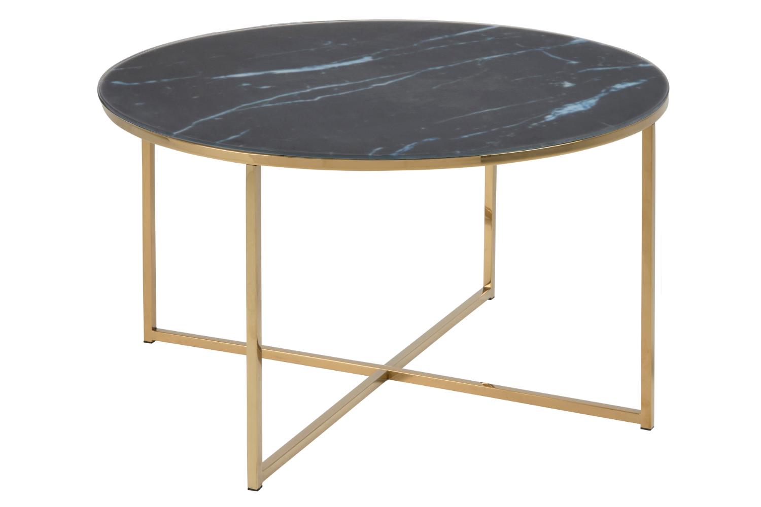 ACT NORDIC Alisma sofabord, rund - sort marmorprintet frostet glas og gylden krom metal (Ø80)