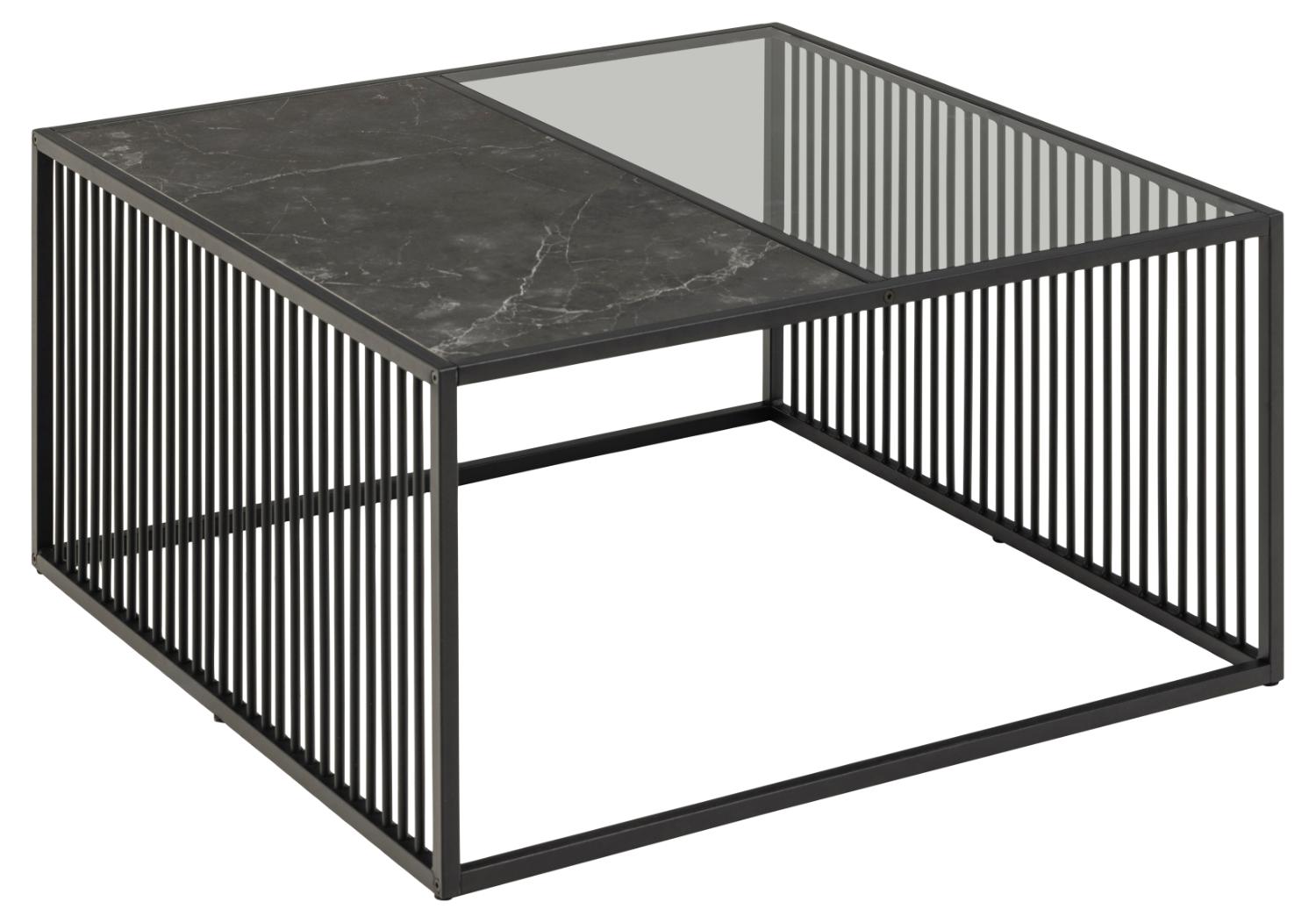 ACT NORDIC Strington sofabord, kvadratisk - sort marmormelamin/røgfarvet glas og sort metal (80x80)
