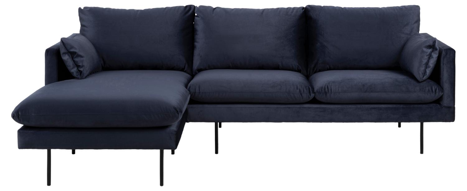 SOFAKONCEPT Cozy 2 pers. sofa, m. venstre chaiselong og 2 puder - mørkeblå stof og sort metal