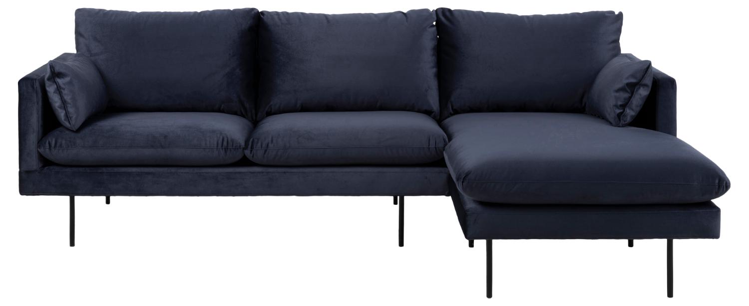 SOFAKONCEPT Cozy 2 pers. sofa, m. højre chaiselong og 2 puder - mørkeblå stof og sort metal