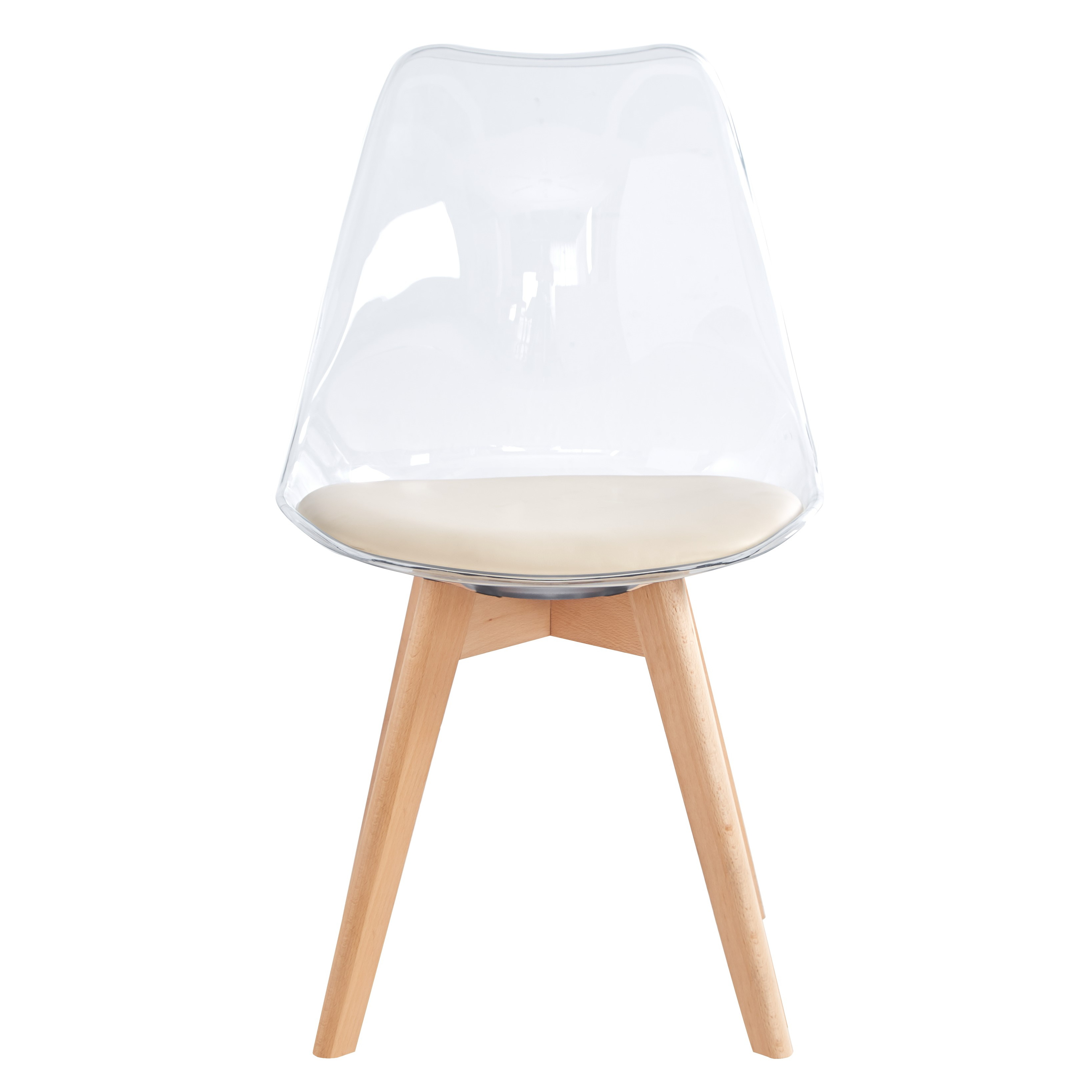 NORDLYS Carmen spisebordsstol - klar plast, beige kunstlæder og natur bøg