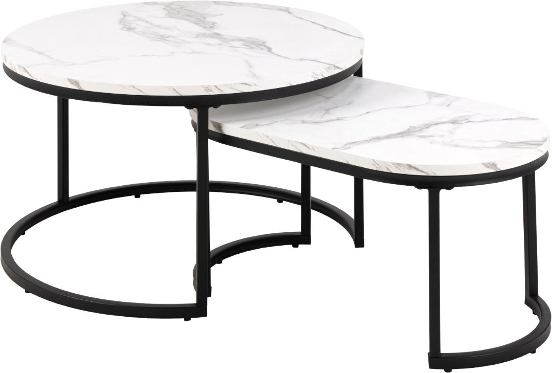 Billede af ACT NORDIC Spiro sofabord, oval/rund - hvid melamin med marmormønster og sort stål (sæt med 2)