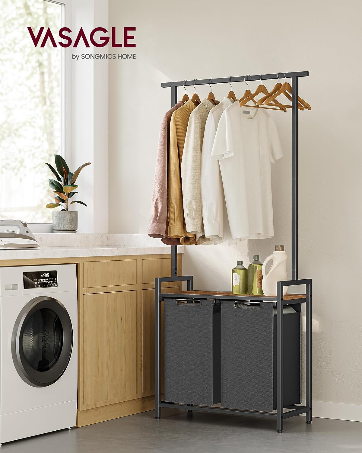 VASAGLE vasketøjskurv, m. 1 hylde, 2 aftagelige udtrækskurve, bøjlestang - brun spånplade/sort stål