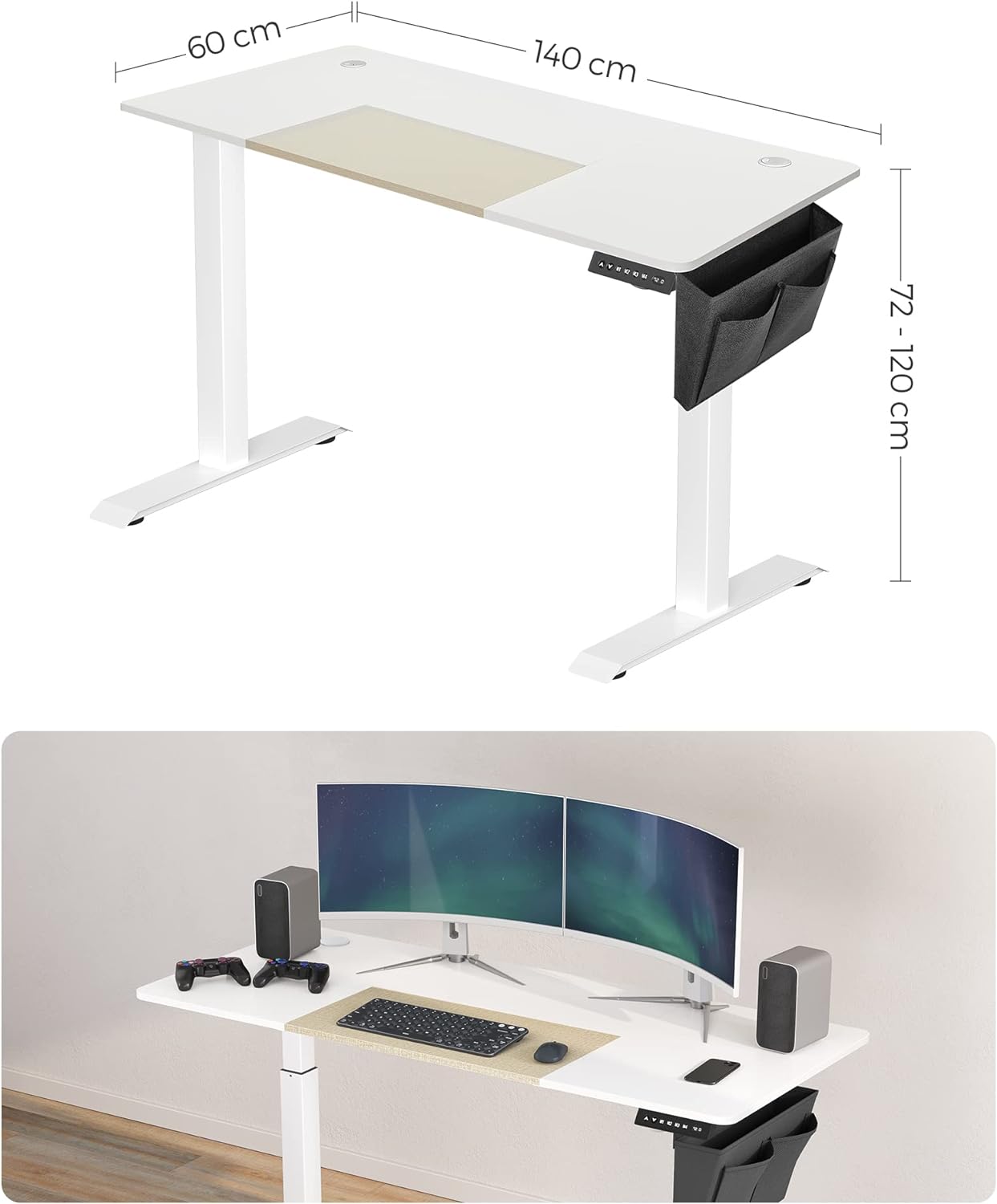 SONGMICS LSD016W01 Højdejusterbart elektrisk skrivebord, 60 x 140 x (72-120), Fuldt justerbar, splejset top, hukommelsesfunktion med 4 højder, base hvid/beige