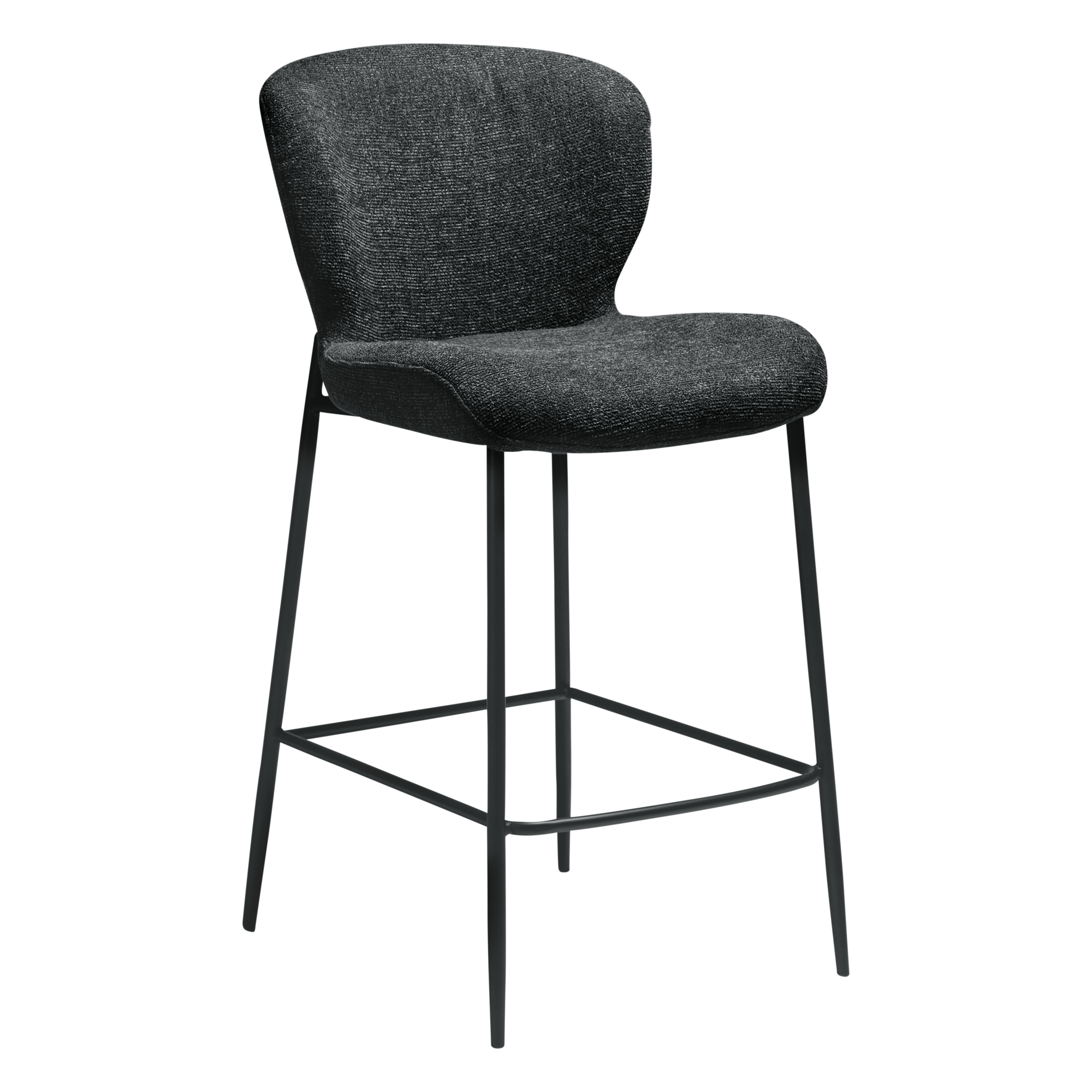 DAN-FORM GLORY barstol, m. ryglæn og fodstøtte - Raven sort bouclé stof og sort metal