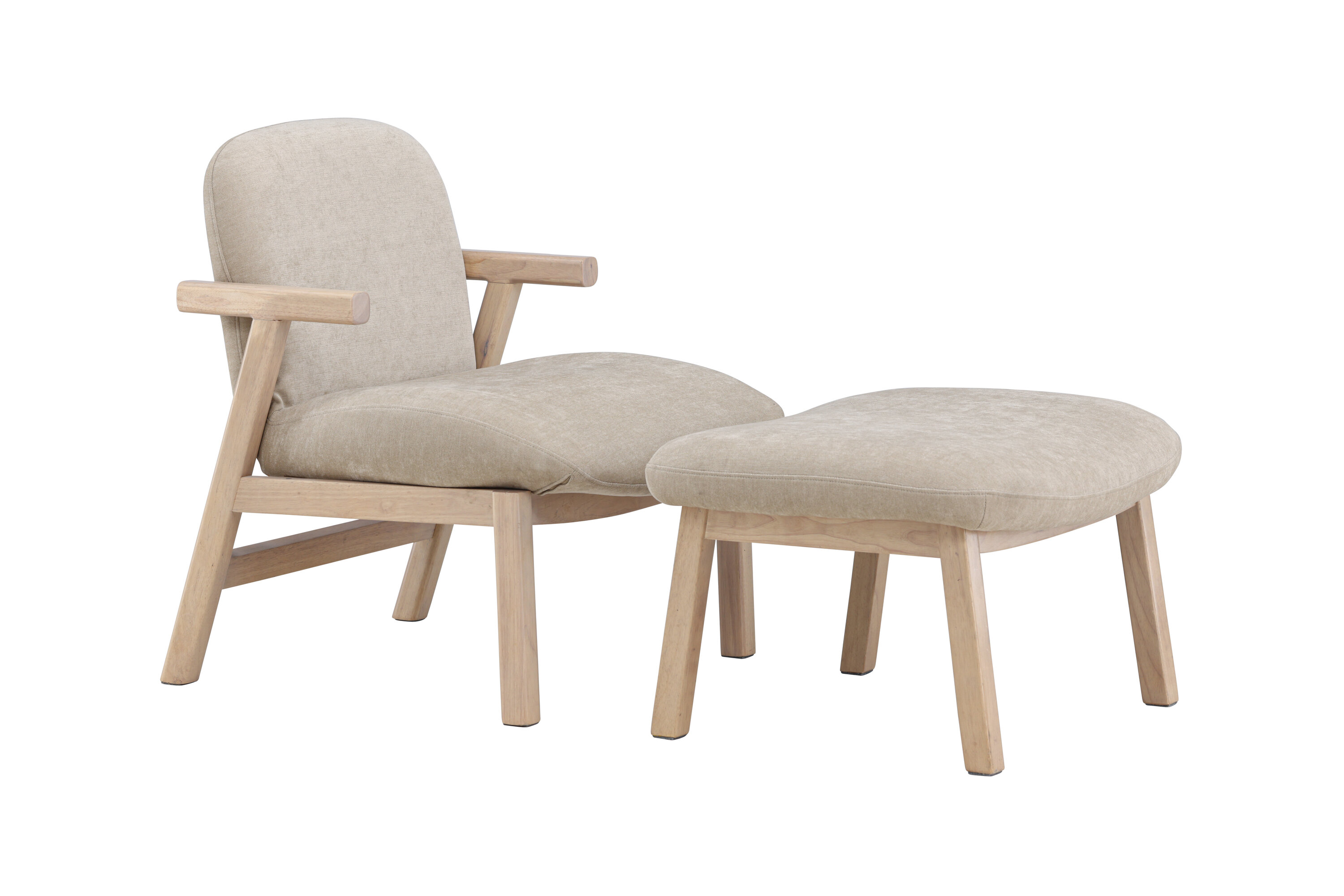 VENTURE HOME Rile lænestol og fodskammel - beige polyester og hvidvasket gummitræ