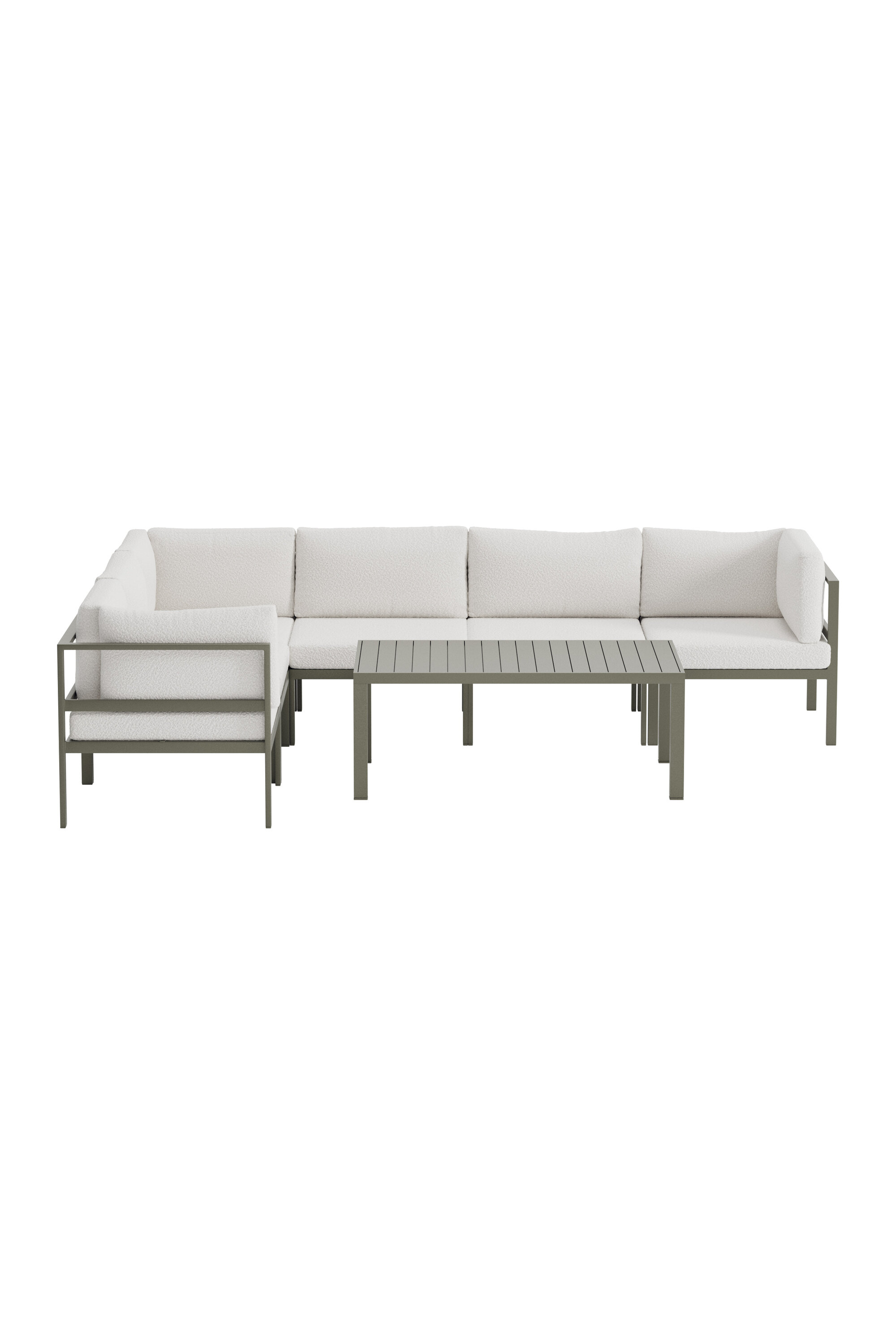 VENTURE HOME Copacabana havehjørnesofasæt, m. 1 bord og 1 sofa - hvid bouclé hynder og brun aluminium