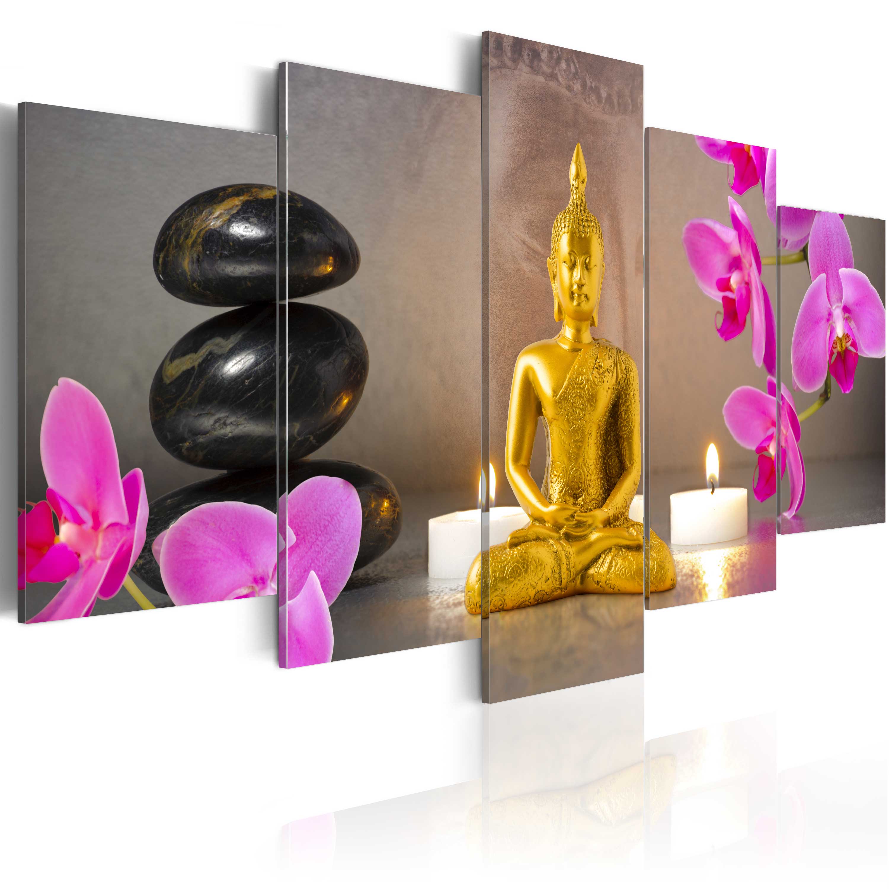 ARTGEIST billede trykt på lærred - Golden Buddha and orchids, 5-delt - Flere størrelser 100x50