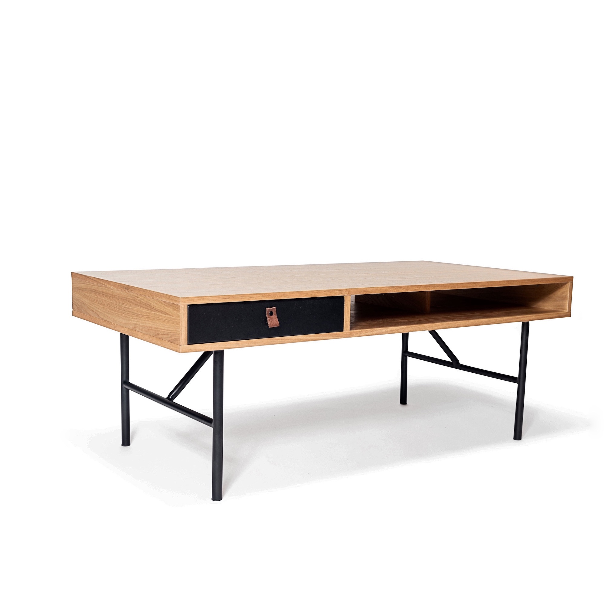 NJORDEC Kodiak sofabord, m. 1 rum og 1 skuffe - gylden asketræfinér og sort metal (117x60)